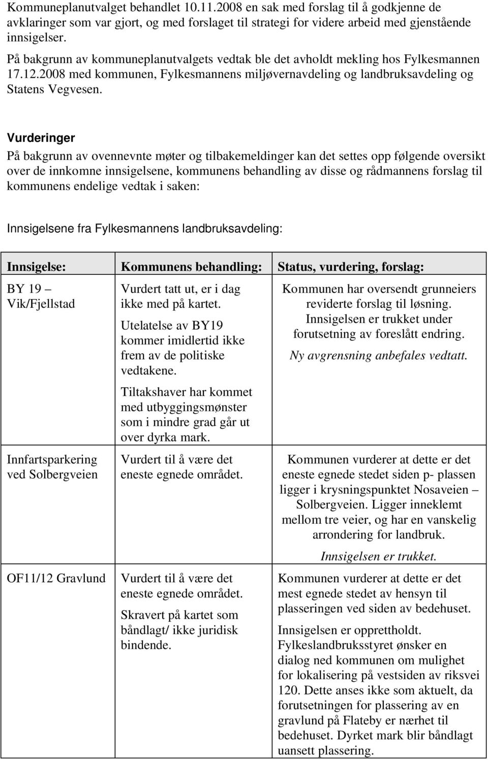 Vurderinger På bakgrunn av ovennevnte møter og tilbakemeldinger kan det settes opp følgende oversikt over de innkomne innsigelsene, kommunens behandling av disse og rådmannens forslag til kommunens