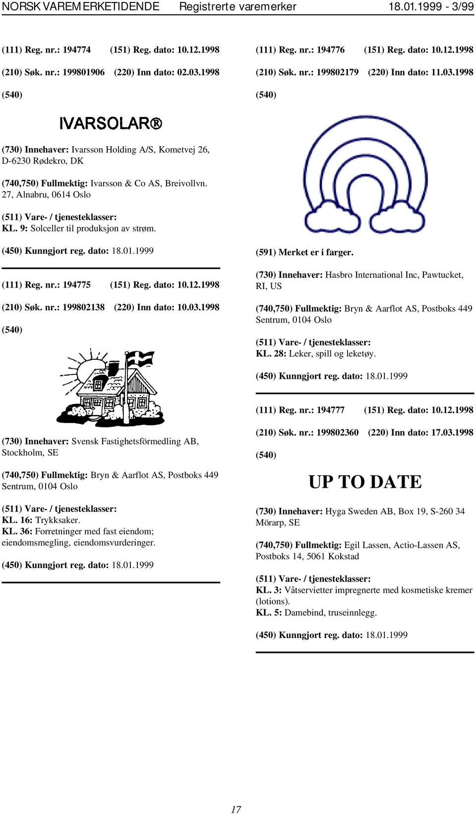 (111) Reg. nr.: 194775 (151) Reg. dato: 10.12.1998 (210) Søk. nr.: 199802138 (220) Inn dato: 10.03.1998 (591) Merket er i farger.