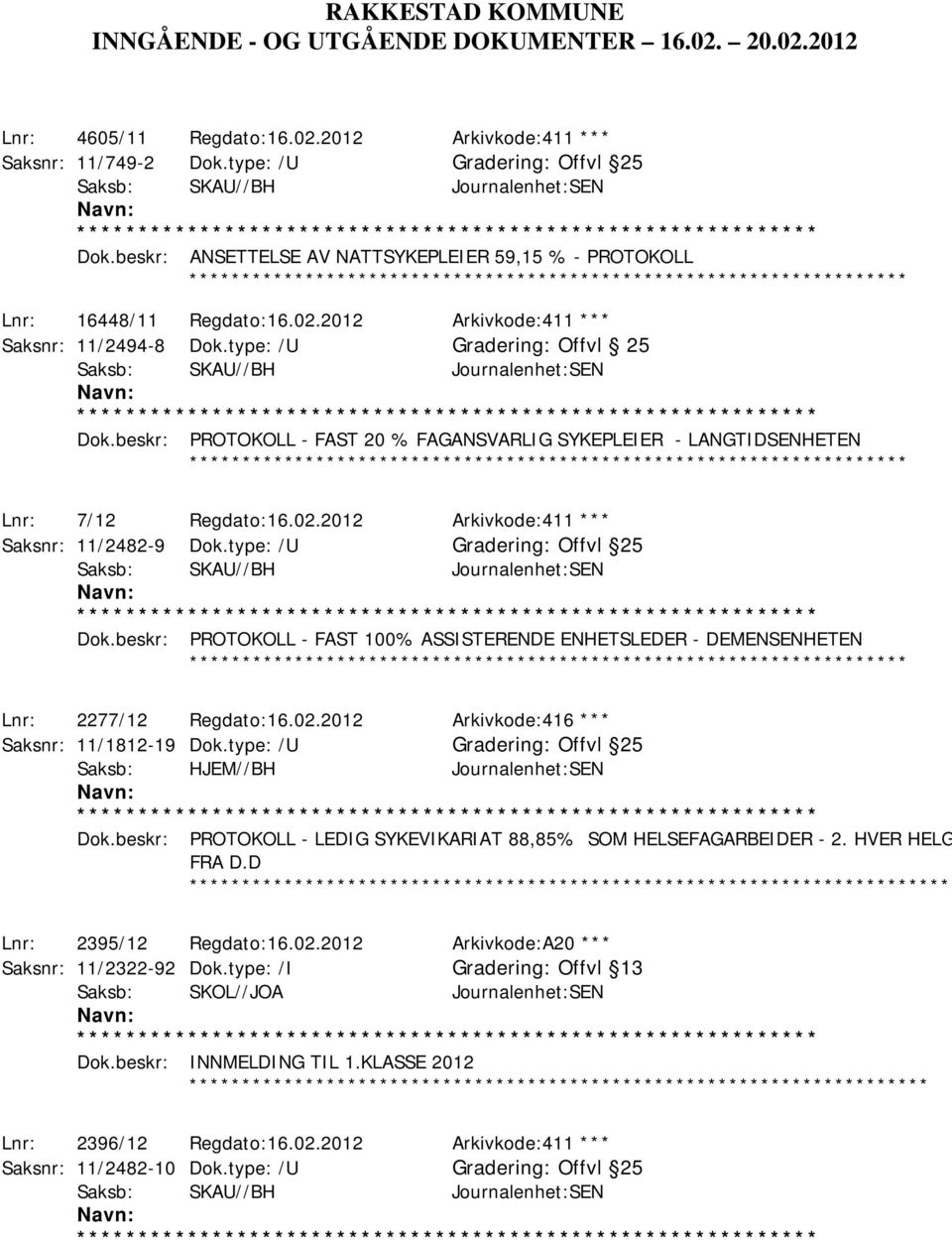 beskr: PROTOKOLL - FAST 20 % FAGANSVARLIG SYKEPLEIER - LANGTIDSENHETEN ******** Lnr: 7/12 Regdato:16.02.2012 Arkivkode:411 *** Saksnr: 11/2482-9 Dok.