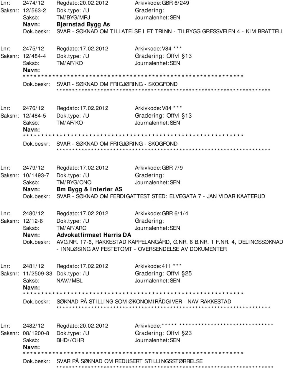 type: /U Offvl 13 Saksb: TM/AF/KO Journalenhet:SEN Dok.beskr: SVAR - SØKNAD OM FRIGJØRING - SKOGFOND ******** Lnr: 2476/12 Regdato:17.02.2012 Arkivkode:V84 *** Saksnr: 12/484-5 Dok.