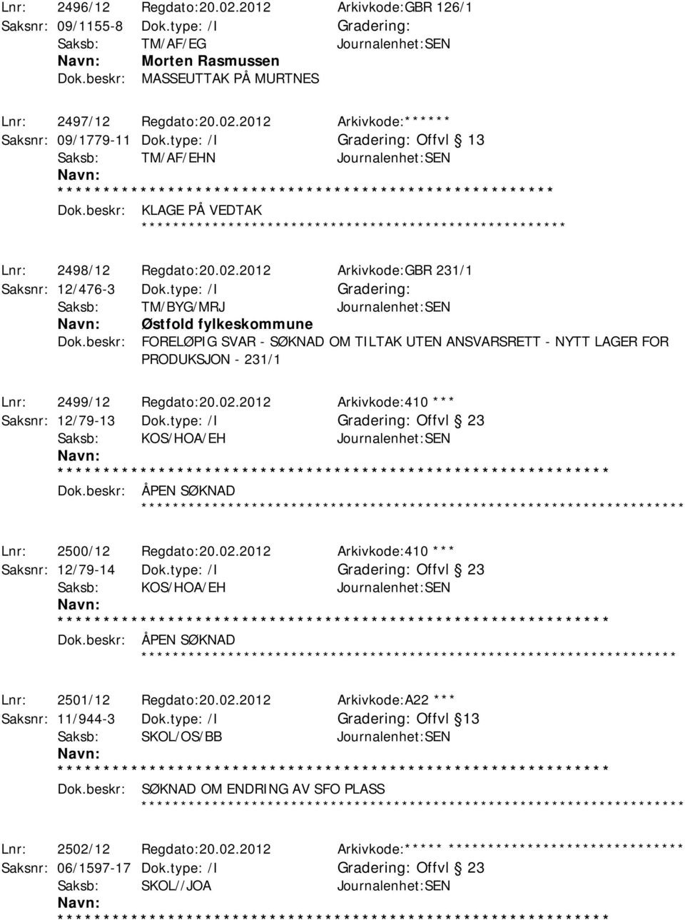 beskr: KLAGE PÅ VEDTAK ****************************************************** Lnr: 2498/12 Regdato:20.02.2012 Arkivkode:GBR 231/1 Saksnr: 12/476-3 Dok.