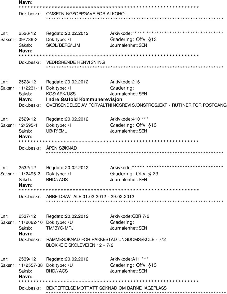 type: /I Saksb: KOS/ARK/USS Journalenhet:SEN Indre Østfold Kommunerevisjon Dok.beskr: OVERSENDELSE AV FORVALTNINGSREVISJONSPROSJEKT - RUTINER FOR POSTGANG Lnr: 2529/12 Regdato:20.02.