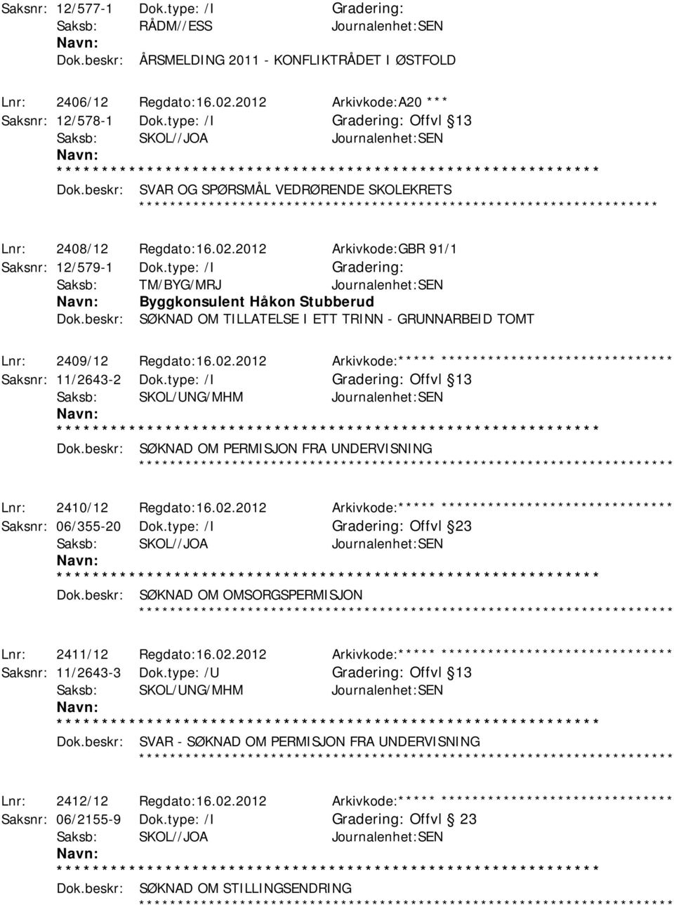 type: /I Saksb: TM/BYG/MRJ Journalenhet:SEN Byggkonsulent Håkon Stubberud Dok.beskr: SØKNAD OM TILLATELSE I ETT TRINN - GRUNNARBEID TOMT Lnr: 2409/12 Regdato:16.02.