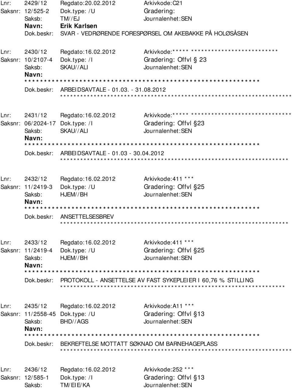 type: /I Offvl 23 Saksb: SKAU//ALI Journalenhet:SEN Dok.beskr: ARBEIDSAVTALE - 01.03. - 31.08.2012 ********* Lnr: 2431/12 Regdato:16.02.