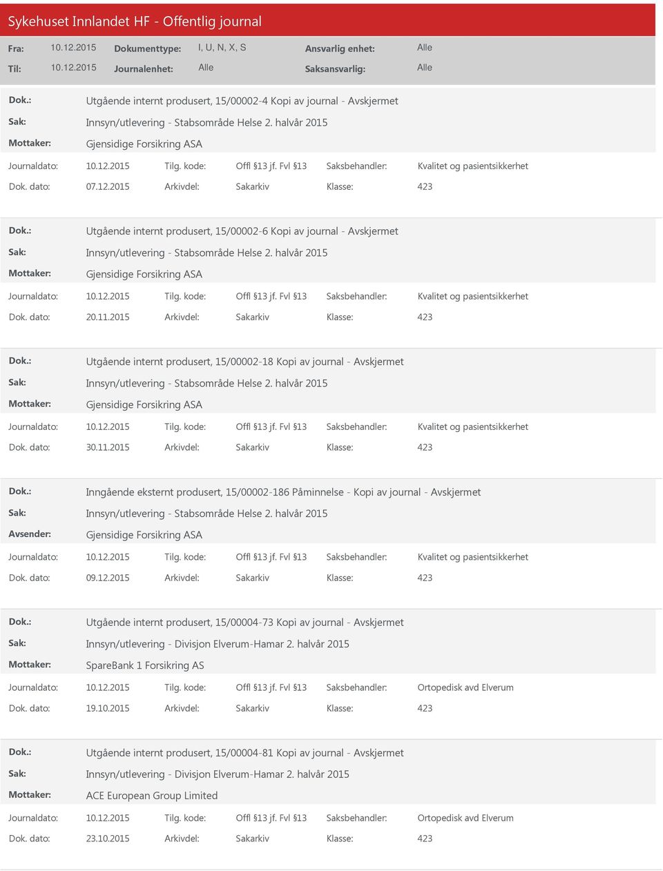 dato: 20.11.2015 Arkivdel: Sakarkiv 423 tgående internt produsert, 15/00002-18 Kopi av journal - Innsyn/utlevering - Stabsområde Helse 2.