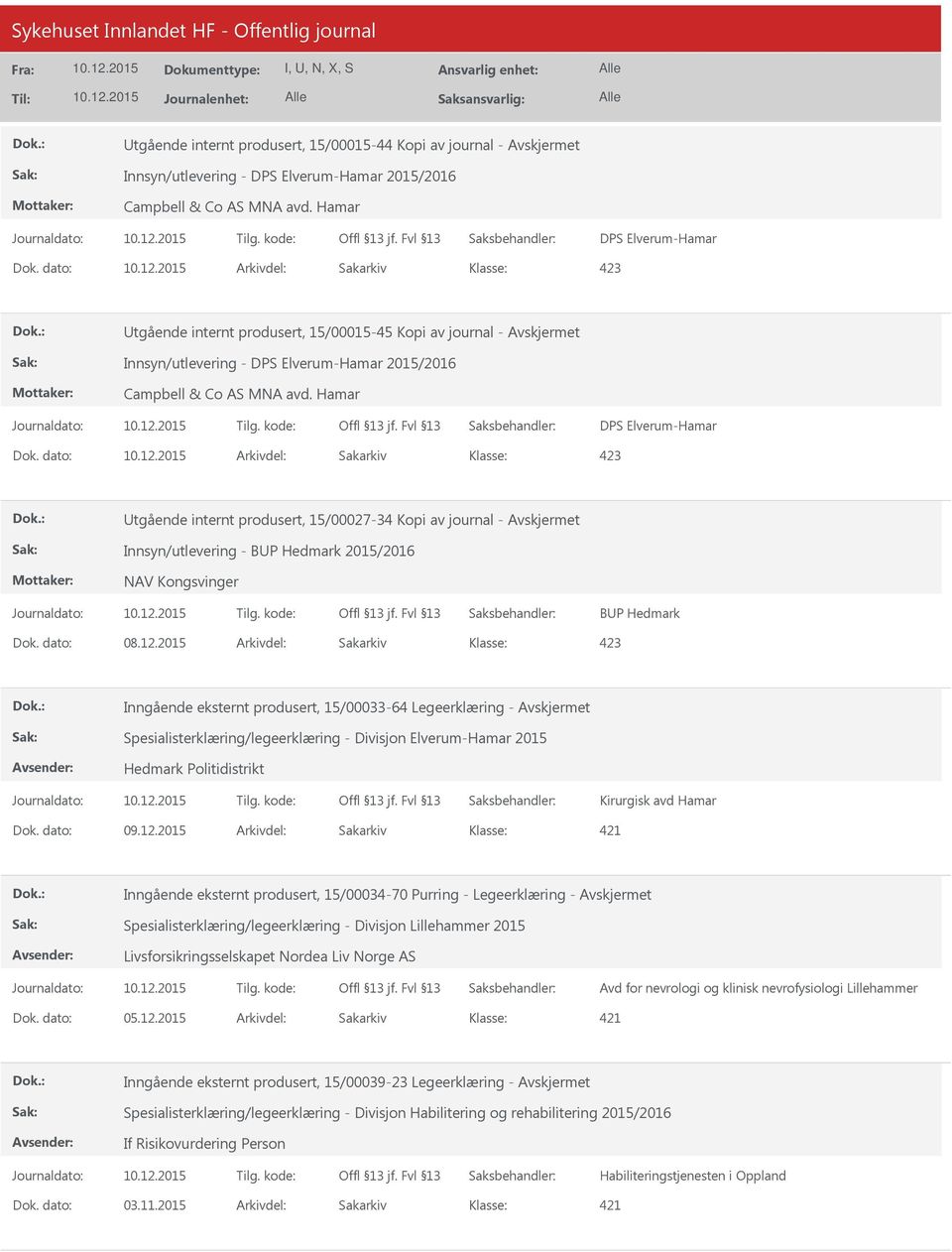 dato: Arkivdel: Sakarkiv 423 tgående internt produsert, 15/00027-34 Kopi av journal - Innsyn/utlevering - BP Hedmark 2015/2016 NAV Kongsvinger BP Hedmark Dok. dato: 08.12.