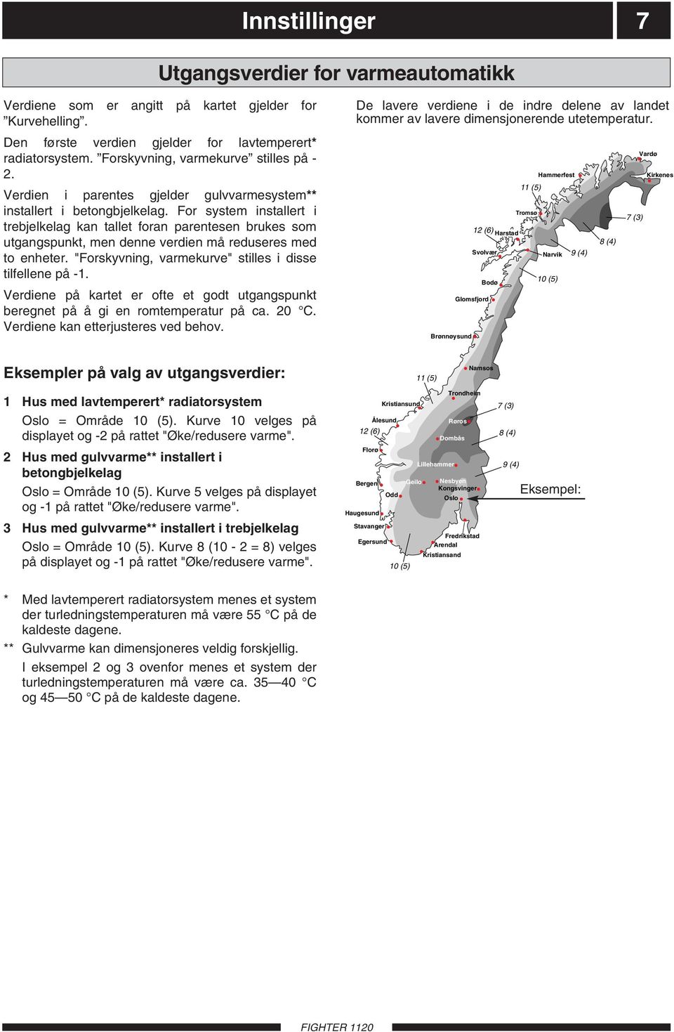 For system installert i trebjelkelag kan tallet foran parentesen brukes som utgangspunkt, men denne verdien må reduseres med to enheter. "Forskyvning, varmekurve" stilles i disse tilfellene på -1.