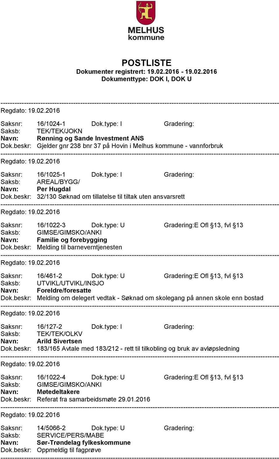 beskr: Melding til barneverntjenesten Saksnr: 16/461-2 Dok.type: U Gradering:E Ofl 13, fvl 13 Saksb: UTVIKL/UTVIKL/INSJO Navn: Foreldre/foresatte Dok.