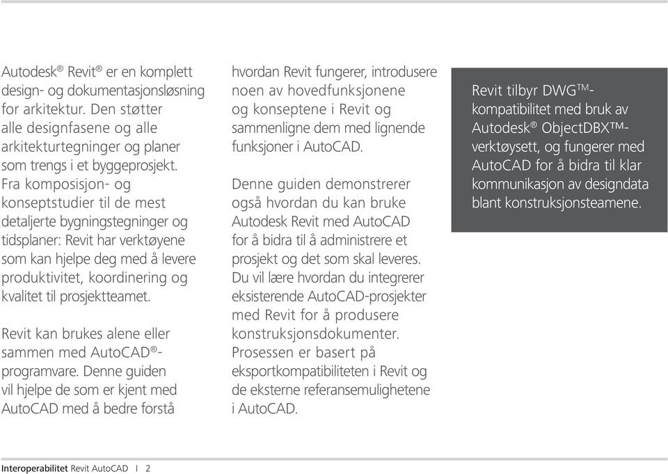 prosjektteamet. Revit kan brukes alene eller sammen med AutoCAD - programvare.