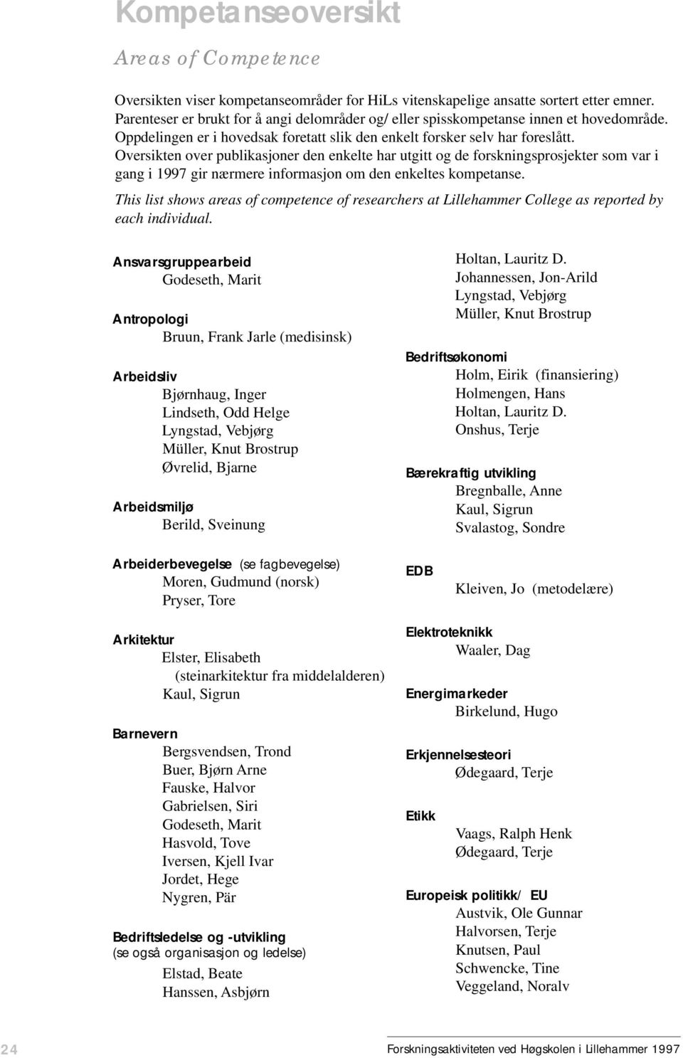 Oversikten over publikasjoner den enkelte har utgitt og de forskningsprosjekter som var i gang i 1997 gir nærmere informasjon om den enkeltes kompetanse.