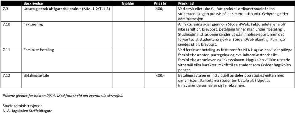 Studieadministrasjonen sender ut påminnelses-epost, men det forventes at studentene sjekker StudentWeb ukentlig. Purringer sendes ut pr. brevpost. 7.