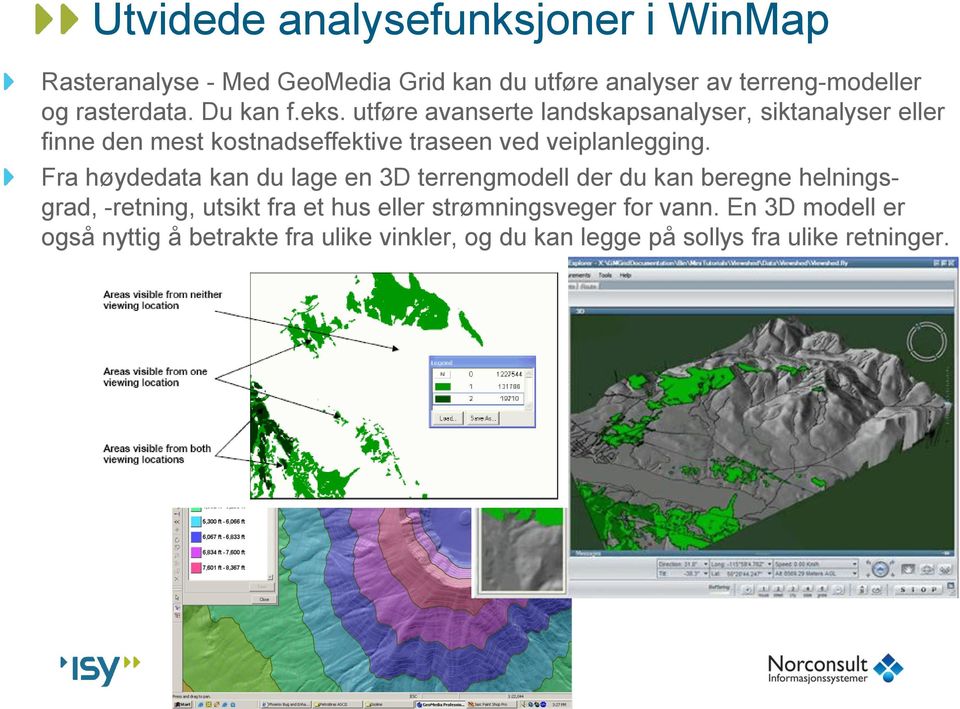 utføre avanserte landskapsanalyser, siktanalyser eller finne den mest kostnadseffektive traseen ved veiplanlegging.