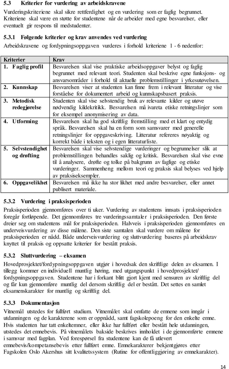 1 Følgende kriterier og krav anvendes ved vurdering Arbeidskravene og fordypningsoppgaven vurderes i forhold kriteriene 1-6 nedenfor: Kriterier Krav 1.