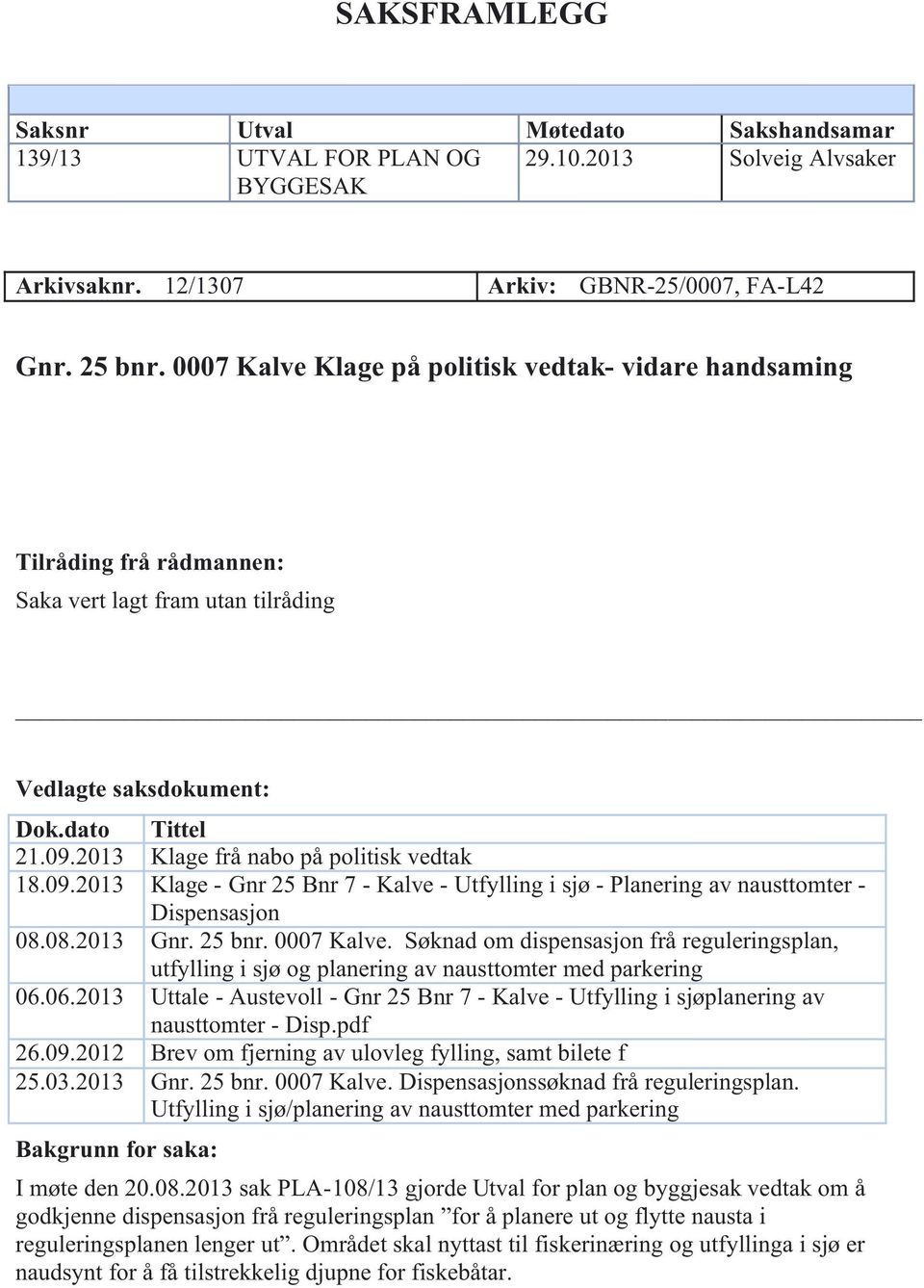 2013 Klage frå nabo på politisk vedtak 18.09.2013 Klage - Gnr 25 Bnr 7 - Kalve - Utfylling i sjø - Planering av nausttomter - Dispensasjon 08.08.2013 Gnr. 25 bnr. 0007 Kalve.