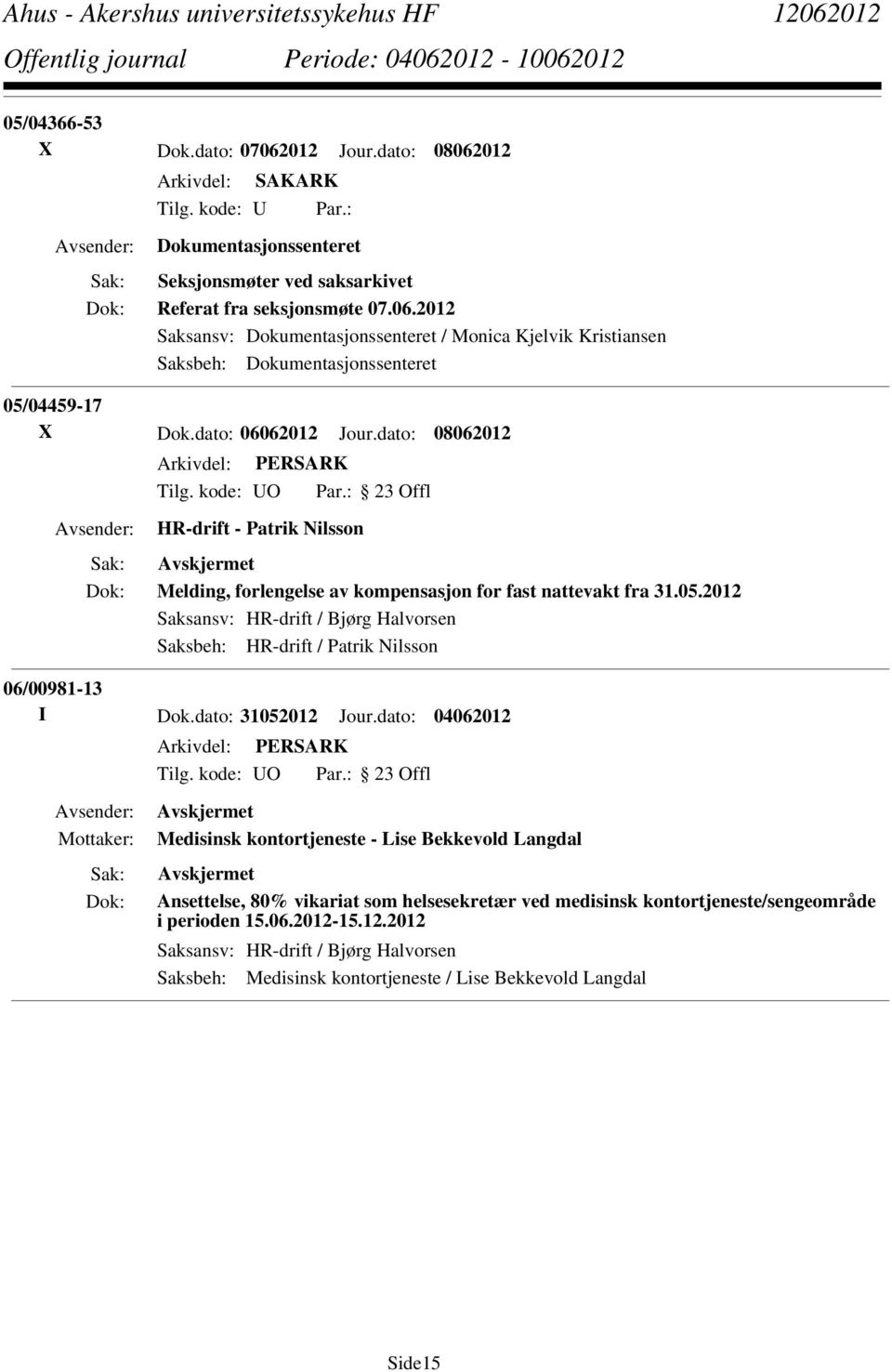 2012 Saksansv: HR-drift / Bjørg Halvorsen Saksbeh: HR-drift / Patrik Nilsson 06/00981-13 I Dok.dato: 31052012 Jour.