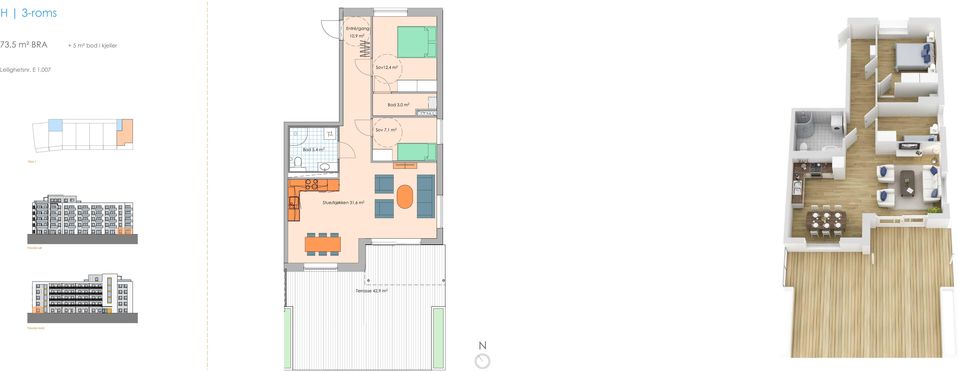 2015 Plan 1 Fasade sør Fasade nord Sov 7,1 m 2 Bad 5,4 m 2 Stue/kjøkken