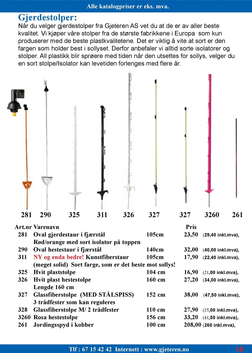 Derfor anbefaler vi alltid sorte isolatorer og stolper. All plastikk blir sprøere med tiden når den utsettes for sollys, velger du en sort stolpe/isolator kan levetiden forlenges med flere år.