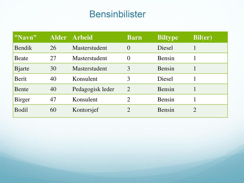 Masterstudent 3 Bensin 1 Berit 40 Konsulent 3 Diesel 1 Bente 40