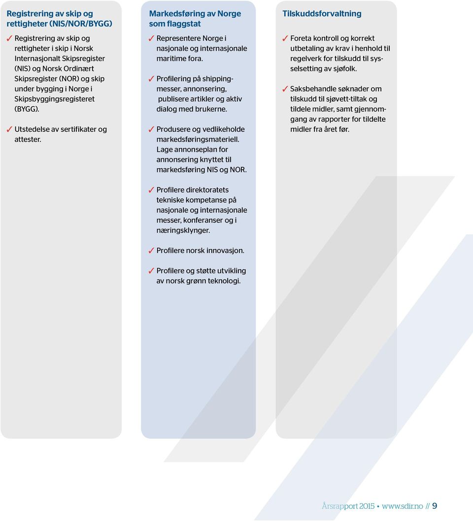 3Representere Norge i nasjo nale og internasjonale maritime fora. 3 Profilering på shippingmesser, annonsering, publisere artikler og aktiv dialog med brukerne.