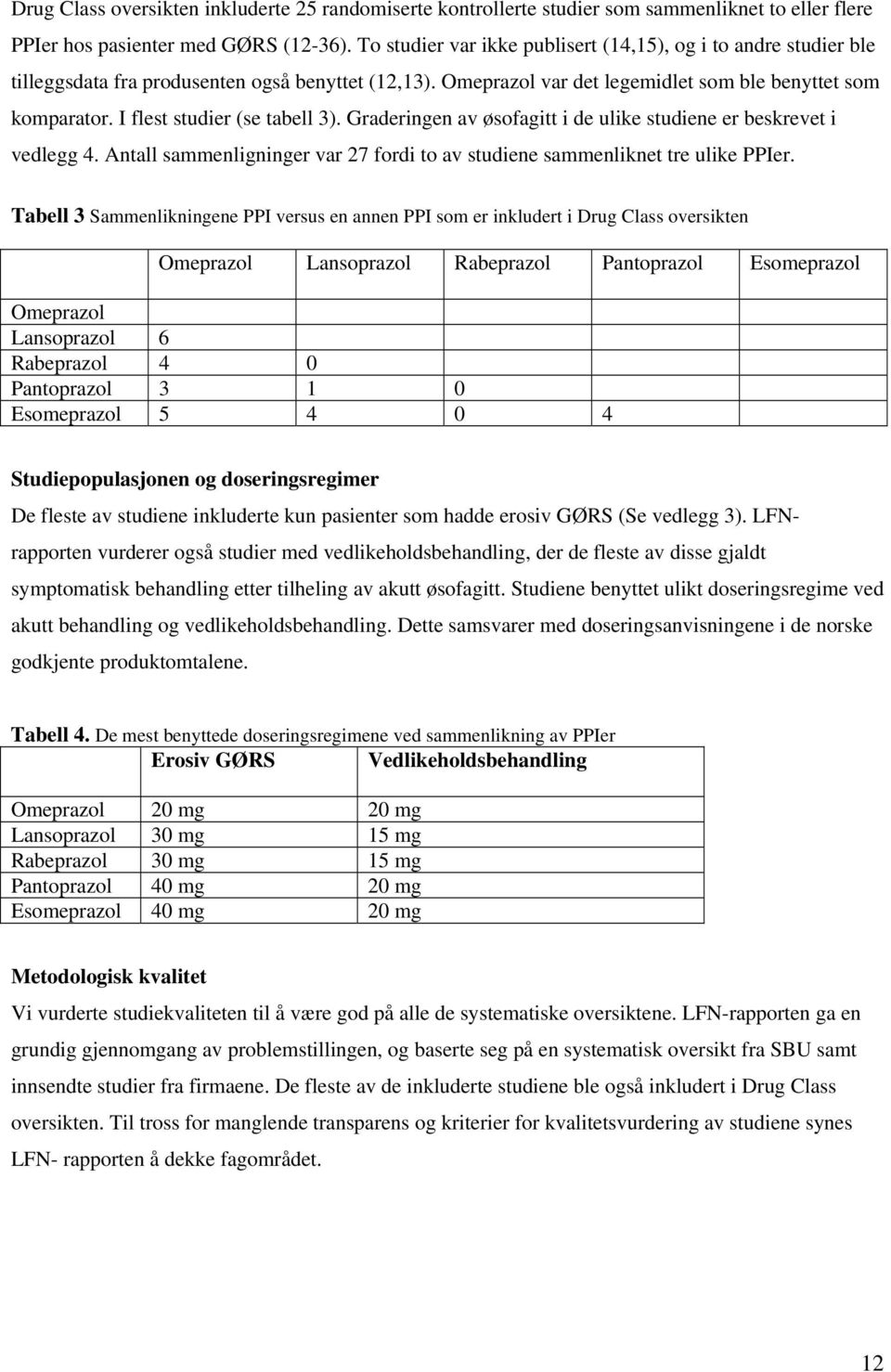 I flest studier (se tabell 3). Graderingen av øsofagitt i de ulike studiene er beskrevet i vedlegg 4. Antall sammenligninger var 27 fordi to av studiene sammenliknet tre ulike PPIer.