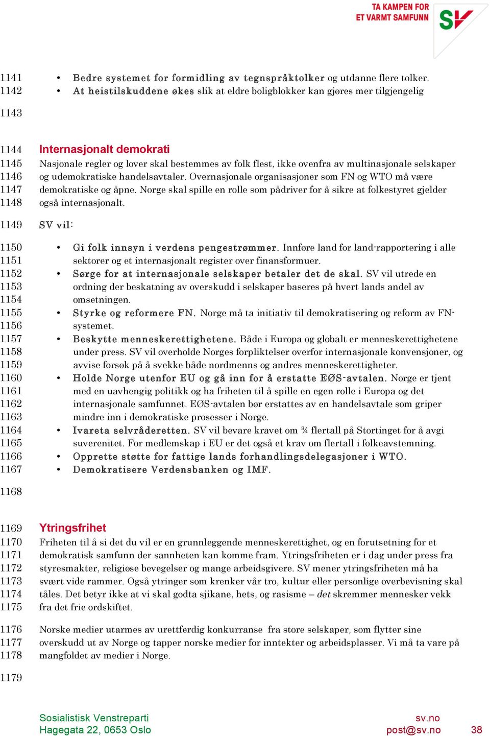 1167 Internasjonalt demokrati Nasjonale regler og lover skal bestemmes av folk flest, ikke ovenfra av multinasjonale selskaper og udemokratiske handelsavtaler.