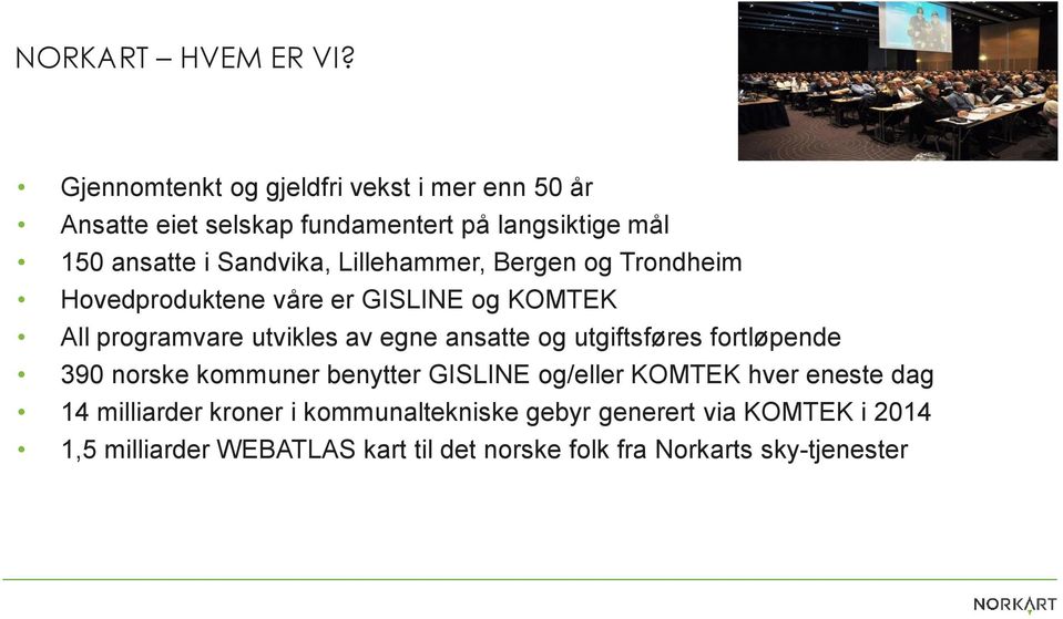 Lillehammer, Bergen og Trondheim Hovedproduktene våre er GISLINE og KOMTEK All programvare utvikles av egne ansatte og