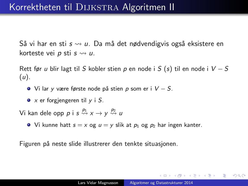 Rett før u blir lagt til S kobler stien p en node i S (s) til en node i V S (u).