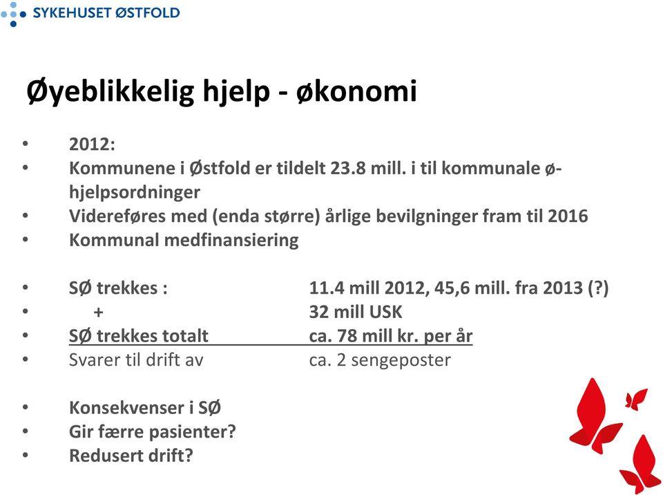 Kommunal medfinansiering SØ trekkes : 11.4 mill 2012, 45,6 mill. fra 2013 (?