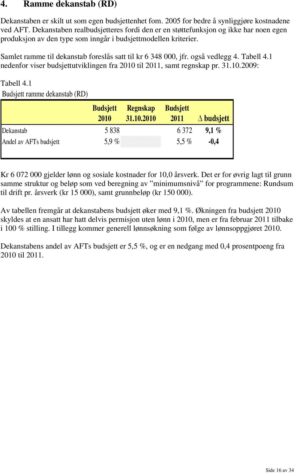 Samlet ramme til dekanstab foreslås satt til kr 6 348 000, jfr. også vedlegg 4. Tabell 4.1 nedenfor viser budsjettutviklingen fra 2010 til 2011, samt regnskap pr. 31.10.2009: Tabell 4.