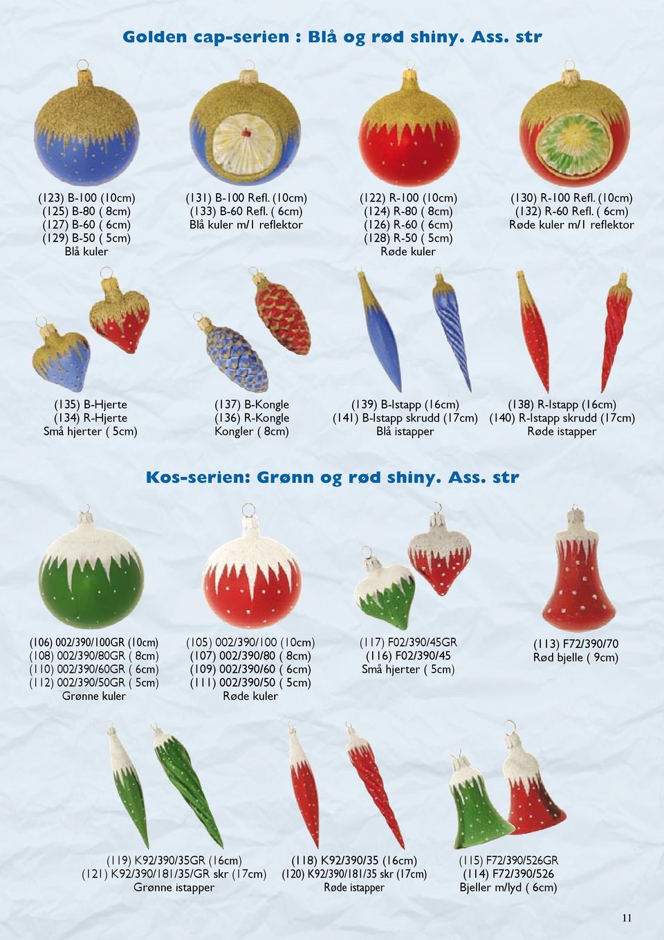 ( 6cm) Røde kuler m/1 reflektor (135) B-Hjerte (134) R-Hjerte Små hjerter ( 5cm) (137) B-Kongle (136) R-Kongle Kongler ( 8cm) (139) B-Istapp (16cm) (141) B-Istapp skrudd (17cm) Blå istapper (138)