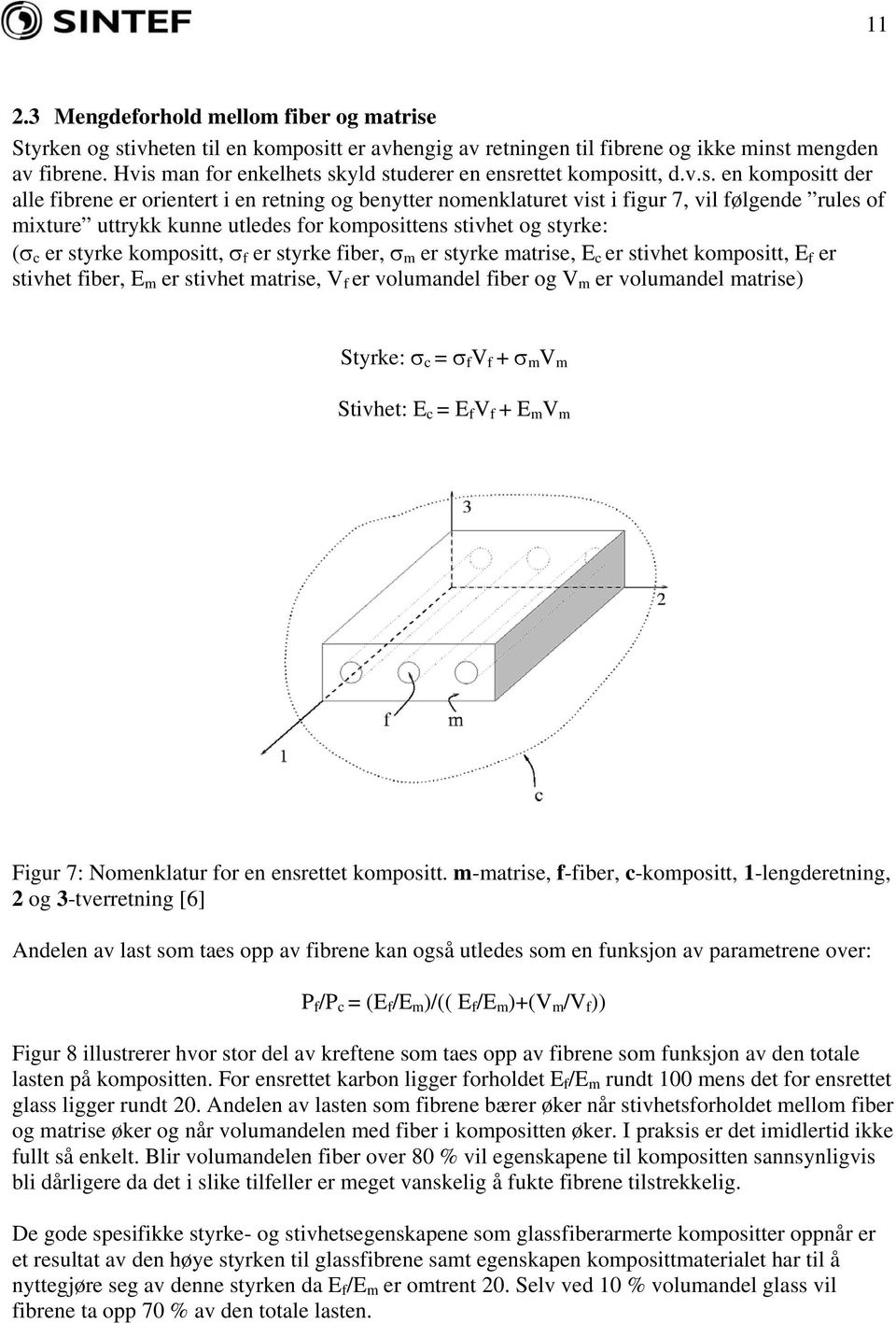 uttrykk kunne utledes for komposittens stivhet og styrke: (σ c er styrke kompositt, σ f er styrke fiber, σ m er styrke matrise, E c er stivhet kompositt, E f er stivhet fiber, E m er stivhet matrise,