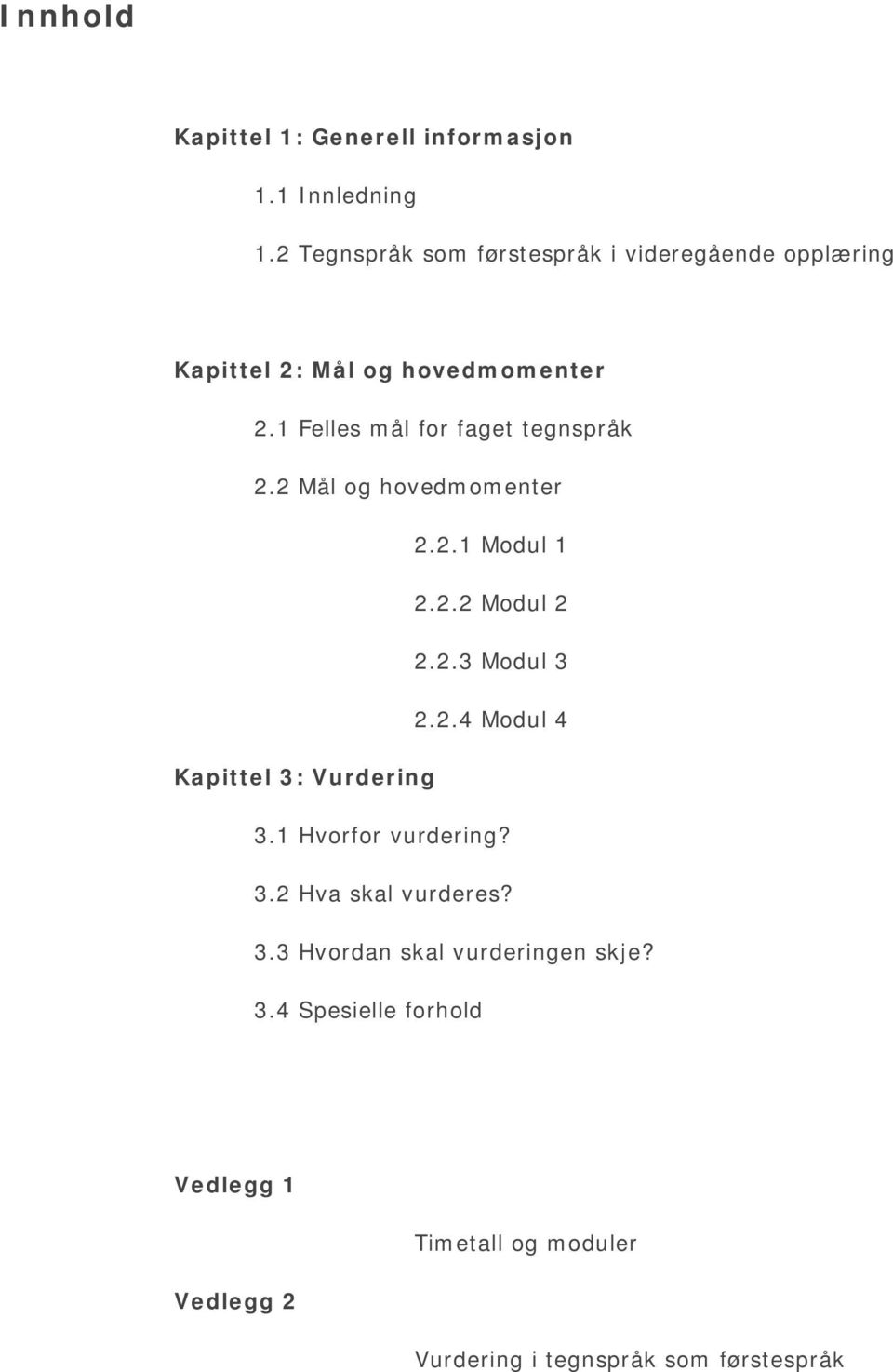 1 Felles mål for faget tegnspråk 2.2 Mål og hovedmomenter 2.2.1 Modul 1 2.2.2 Modul 2 2.2.3 Modul 3 2.2.4 Modul 4 Kapittel 3: Vurdering 3.