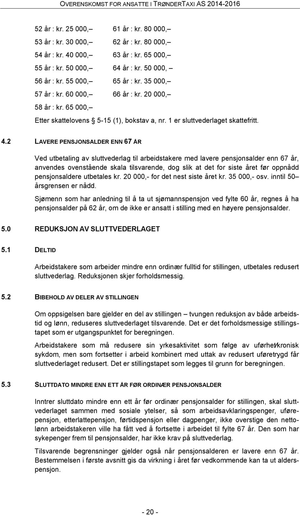 2 LAVERE PENSJONSALDER ENN 67 ÅR Ved utbetaling av sluttvederlag til arbeidstakere med lavere pensjonsalder enn 67 år, anvendes ovenstående skala tilsvarende, dog slik at det for siste året før