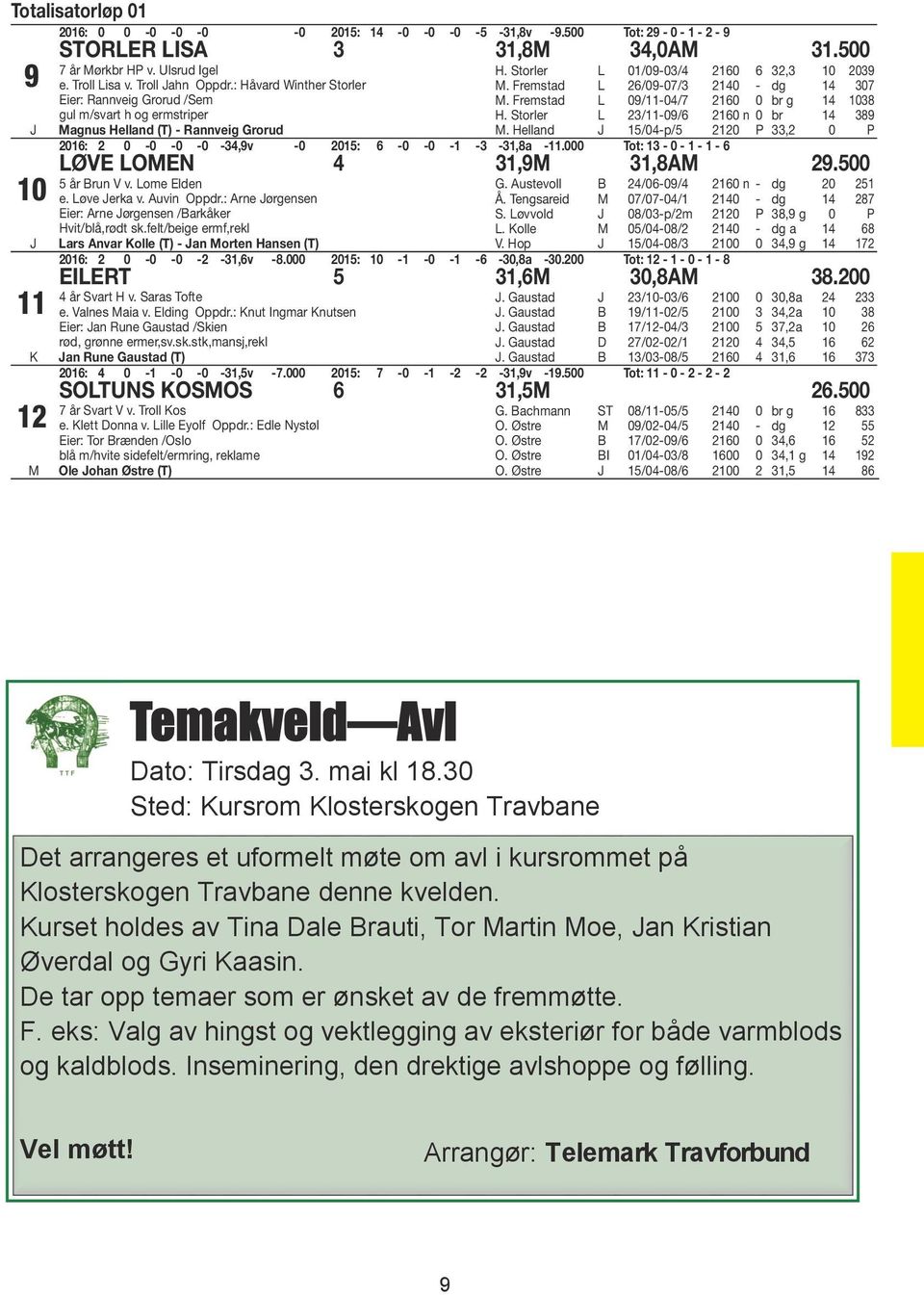 Fremstad L 26/09-07/3 2140 - dg 14 307 M. Fremstad L 09/11-04/7 2160 0 br g 14 1038 H. Storler L 23/11-09/6 2160 n 0 br 14 389 M.