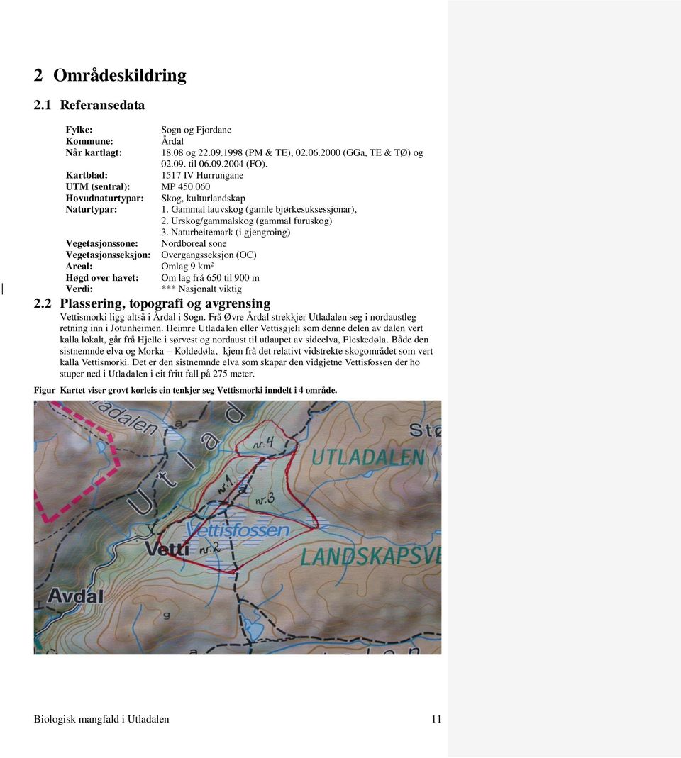 Naturbeitemark (i gjengroing) Vegetasjonssone: Nordboreal sone Vegetasjonsseksjon: Overgangsseksjon (OC) Areal: Omlag 9 km 2 Høgd over havet: Om lag frå 650 til 900 m Verdi: *** Nasjonalt viktig 2.