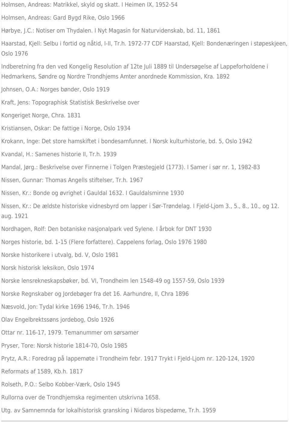 1972-77 CDF Haarstad, Kjell: Bondenæringen i støpeskjeen, Oslo 1976 Indberetning fra den ved Kongelig Resolution af 12te Juli 1889 til Undersøgelse af Lappeforholdene i Hedmarkens, Søndre og Nordre