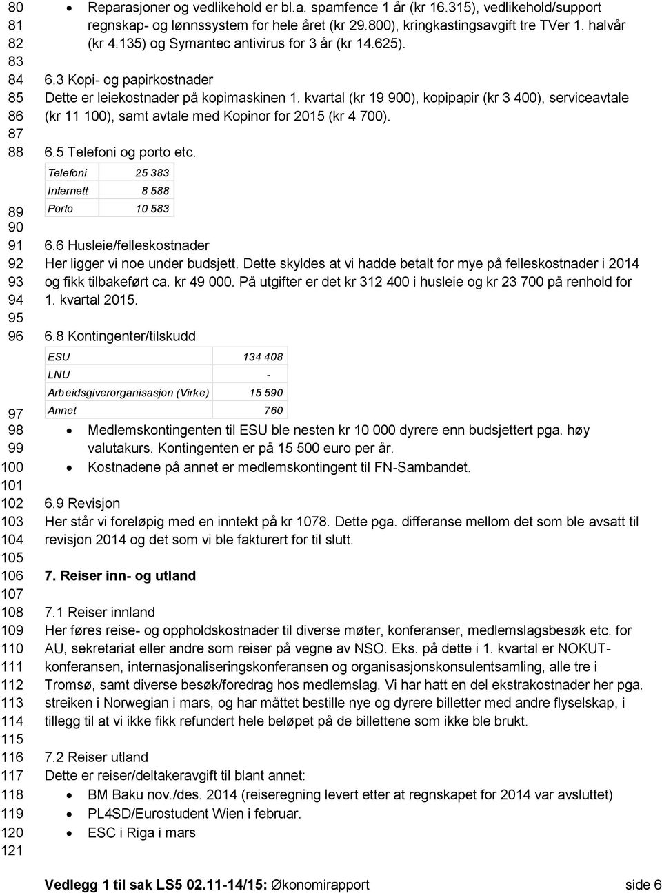 3 Kopi- og papirkostnader Dette er leiekostnader på kopimaskinen 1. kvartal (kr 19 900), kopipapir (kr 3 400), serviceavtale (kr 11 100), samt avtale med Kopinor for 2015 (kr 4 700). 6.