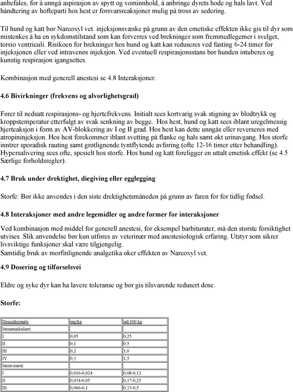 injeksjonsvæske på grunn av den emetiske effekten ikke gis til dyr som mistenkes å ha en sykdomstilstand som kan forverres ved brekninger som fremmedlegemer i svelget, torsio ventriculi.