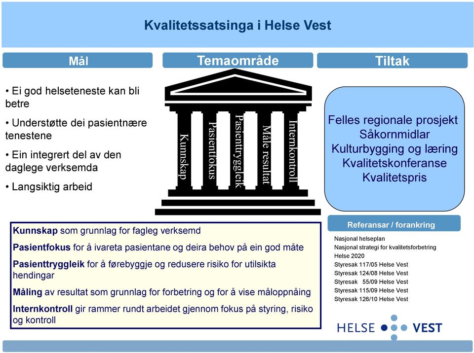 grunnlag for fagleg verksemd Pasientfokus for å ivareta pasientane og deira behov på ein god måte Pasienttryggleik for å førebyggje og redusere risiko for utilsikta hendingar Måling av resultat som