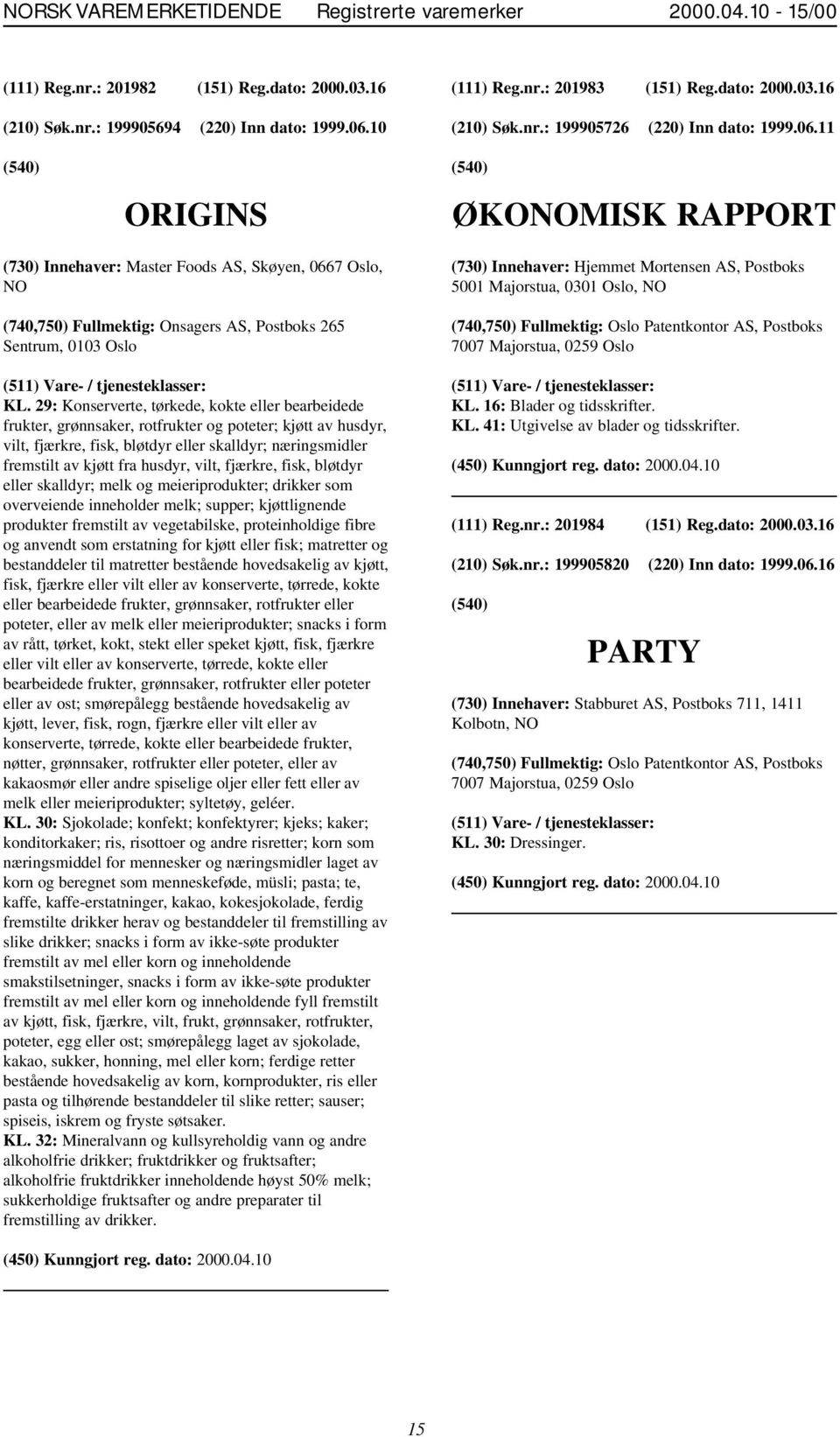 11 ORIGINS ØKONOMISK RAPPORT (730) Innehaver: Master Foods AS, Skøyen, 0667 Oslo, NO (740,750) Fullmektig: Onsagers AS, Postboks 265 Sentrum, 0103 Oslo KL.