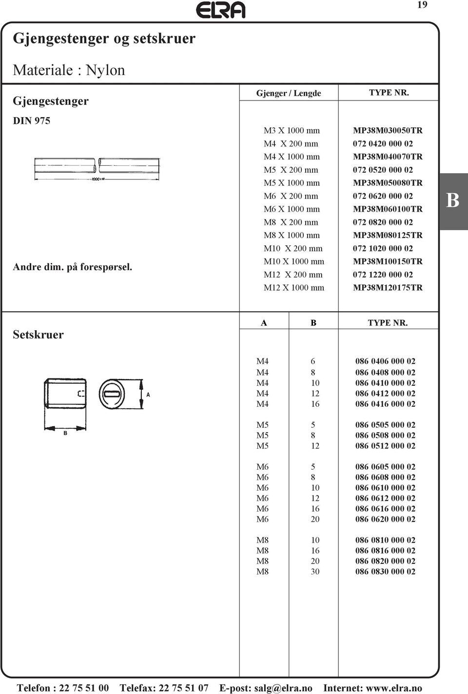 200 mm 072 0820 000 02 M8 X 1000 mm MP38M080125TR M10 X 200 mm 072 1020 000 02 M10 X 1000 mm MP38M100150TR M12 X 200 mm 072 1220 000 02 M12 X 1000 mm MP38M120175TR Setskruer A TYPE NR.