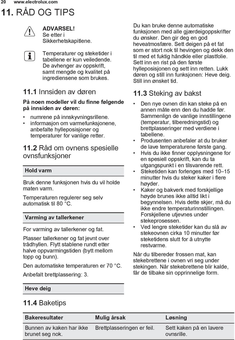 informasjon om varmefunksjonene, anbefalte hylleposisjoner og temperaturer for vanlige retter. 11.2 Råd om ovnens spesielle ovnsfunksjoner Hold varm Bruk denne funksjonen hvis du vil holde maten varm.