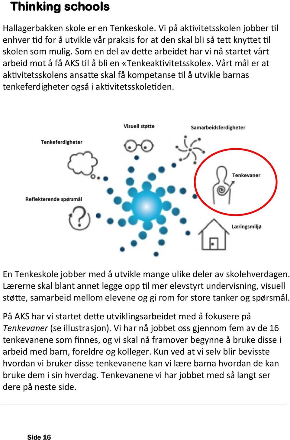 Vårt mål er at aktivitetsskolens ansatte skal få kompetanse til å utvikle barnas tenkeferdigheter også i aktivitetsskoletiden. En Tenkeskole jobber med å utvikle mange ulike deler av skolehverdagen.