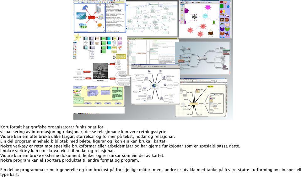 Nokre verktøy er retta mot spesielle bruksformer eller arbeidsmåtar og har gjerne funksjonar som er spesialtilpassa dette. I nokre verktøy kan ein skriva tekst til nodar og relasjonar.