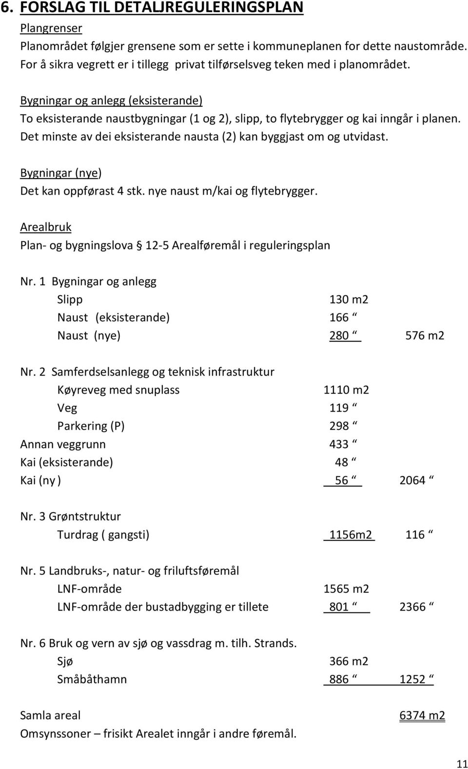 Bygningar og anlegg (eksisterande) To eksisterande naustbygningar (1 og 2), slipp, to flytebrygger og kai inngår i planen. Det minste av dei eksisterande nausta (2) kan byggjast om og utvidast.