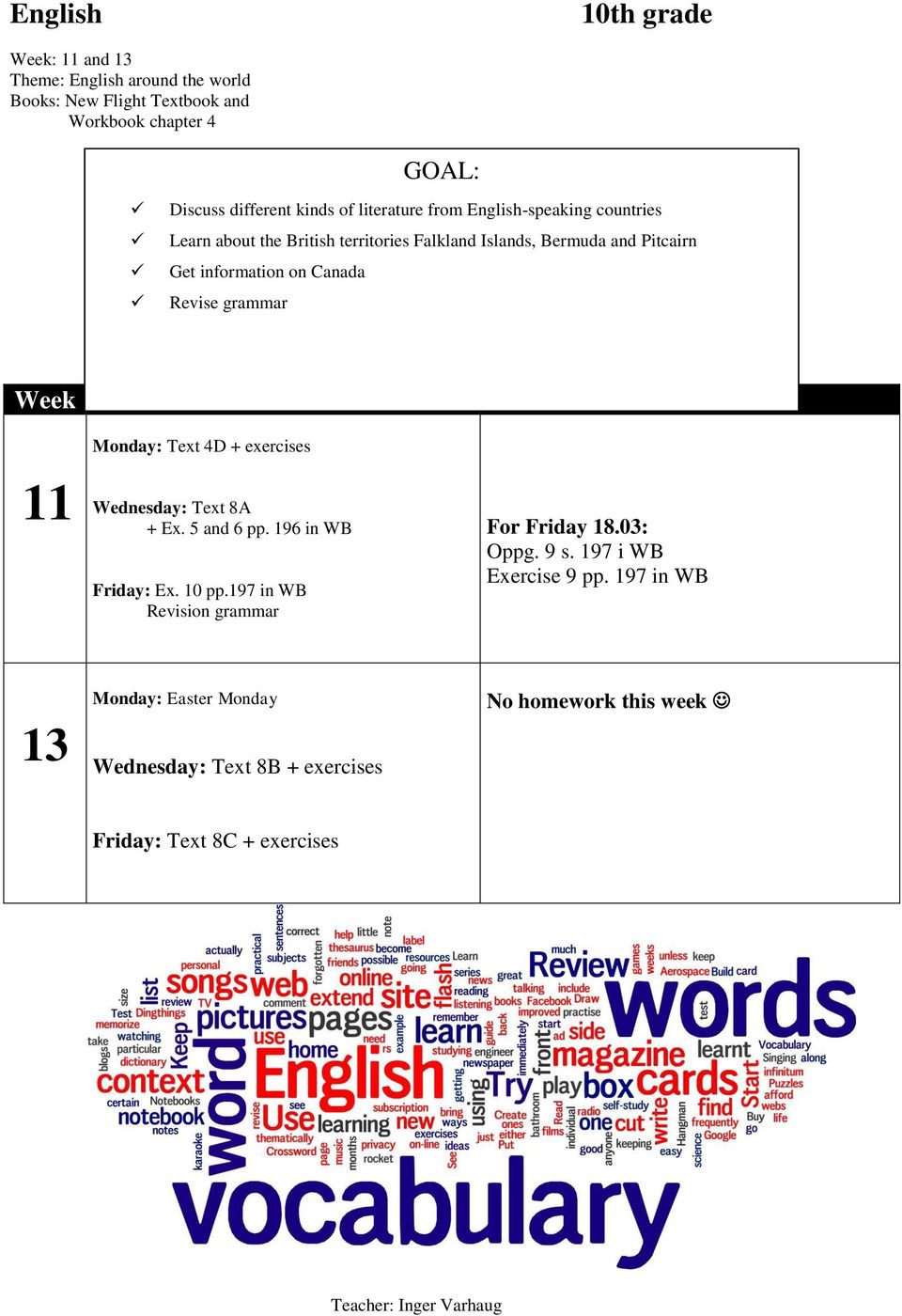 school Homework Monday: Text 4D + exercises Wednesday: Text 8A + Ex. 5 and 6 pp. 196 in WB Friday: Ex. 10 pp.197 in WB Revision grammar For Friday 18.03: Oppg.