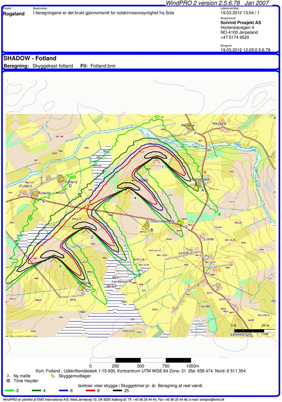 bmi 0 250 500 750 1000m Kort: Fotland, Udskriftsmålestok 1:15 000, Kortcentrum UTM WGS 84 Zone: 31 Øst: 658 474 Nord: 6 511 354 Ny mølle Skyggemodtager Time Høyder Isolinier viser