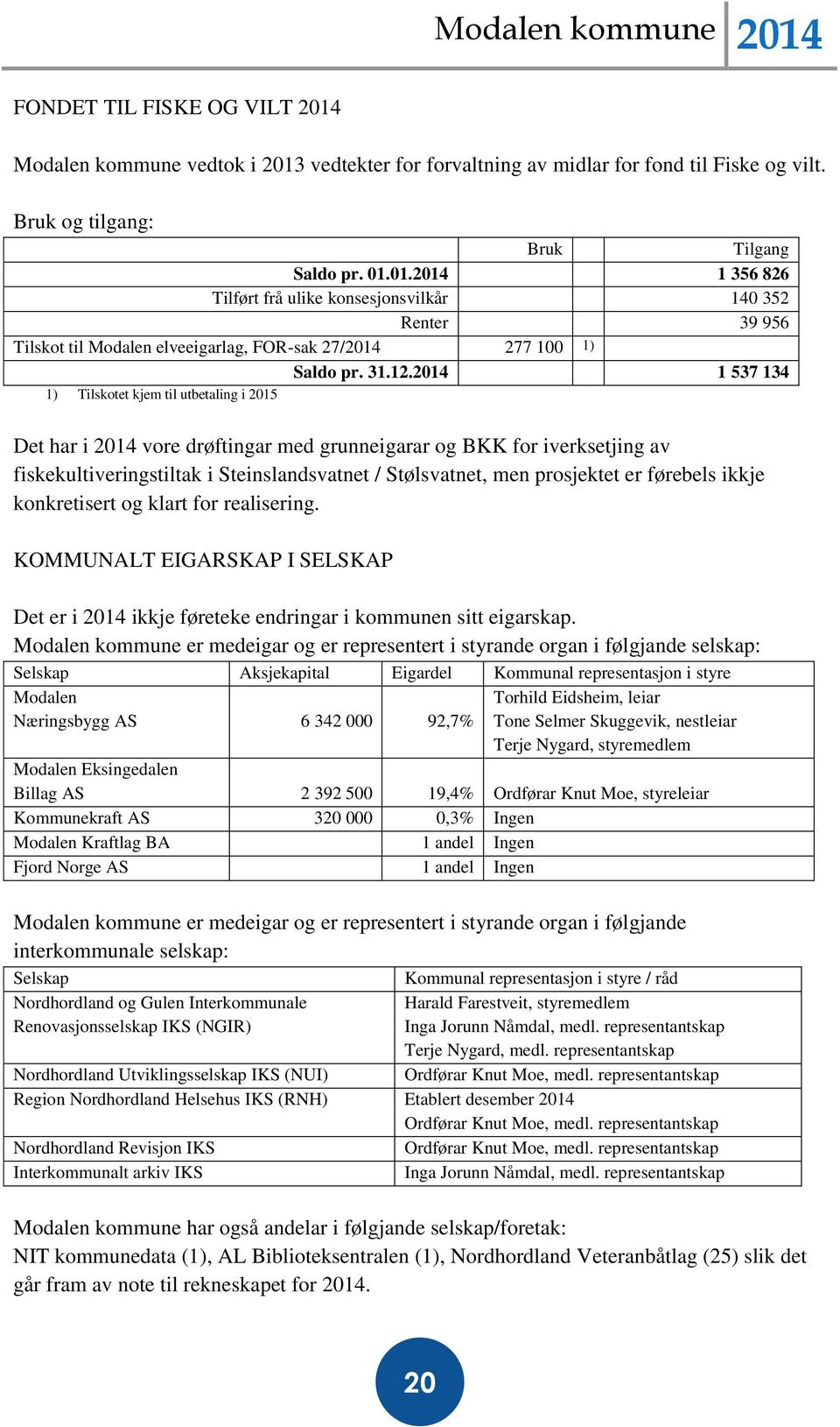 vedtekter for forvaltning av midlar for fond til Fiske og vilt. Bruk og tilgang: Bruk Tilgang Saldo pr. 01.