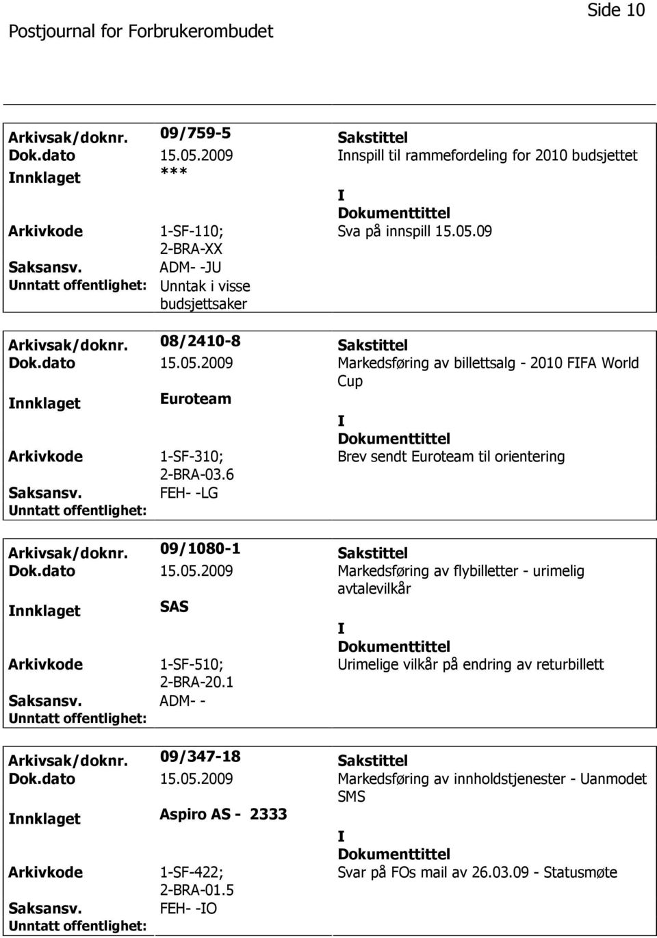 09/1080-1 Sakstittel Dok.dato 15.05.2009 Markedsføring av flybilletter - urimelig avtalevilkår nnklaget SAS 1-SF-510; 2-BRA-20.1 ADM- - rimelige vilkår på endring av returbillett Arkivsak/doknr.