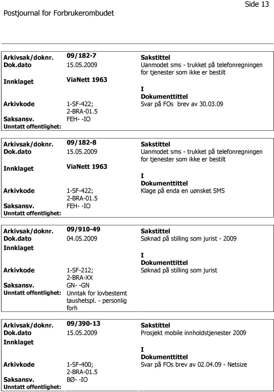 2009 anmodet sms - trukket på telefonregningen for tjenester som ikke er bestilt nnklaget ViaNett 1963 1-SF-422; 2-BRA-01.5 Klage på enda en uønsket SMS FEH- -O Arkivsak/doknr.